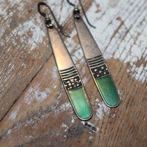 Vintage Laurel Burch Earrings Silver and Green 5 cm long Dangles